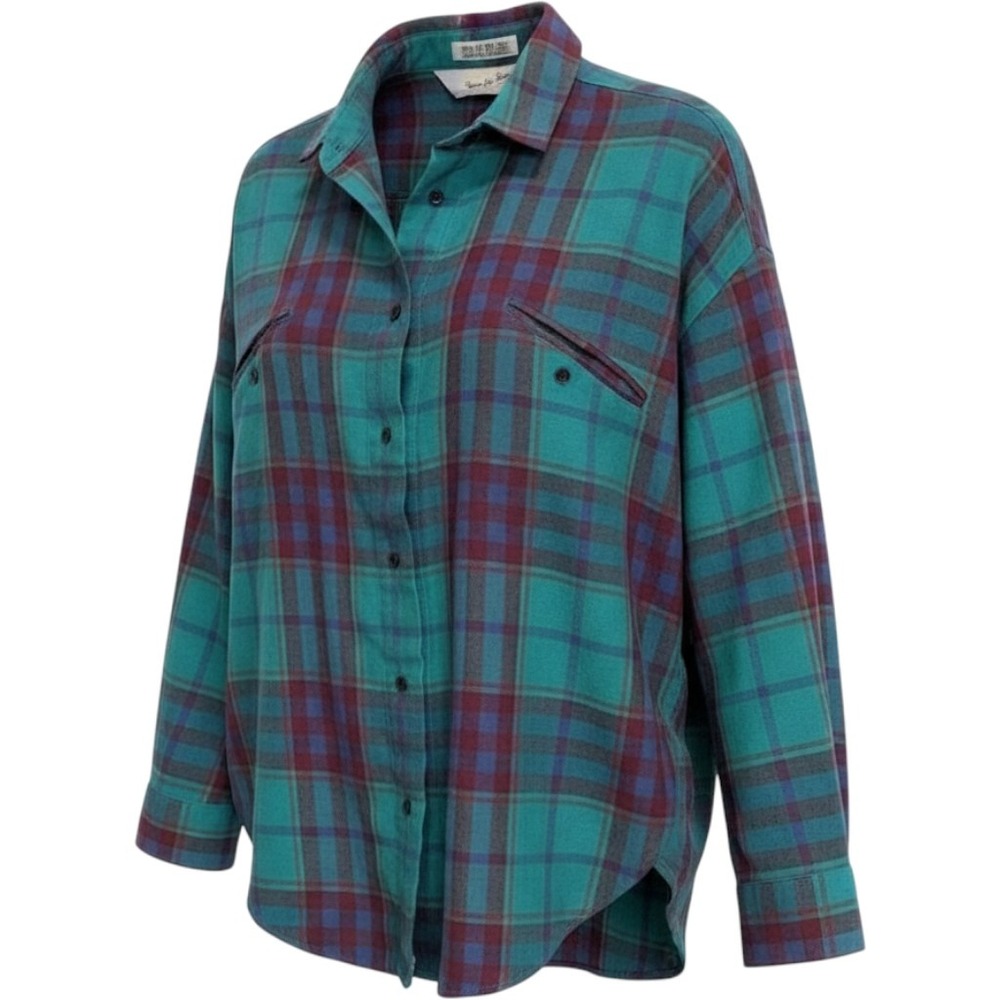 Diane Von Furstenberg Vintage Button Down Women Large Green Plaid Flannel Top